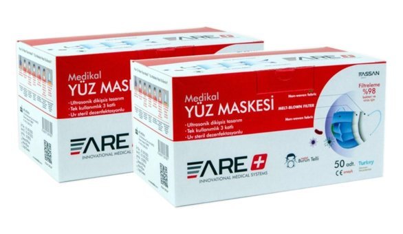 Are Tek Kullanımlık 3 Katlı Lastikli Telli 100'lü Yetişkin Cerrahi Maske Mavi