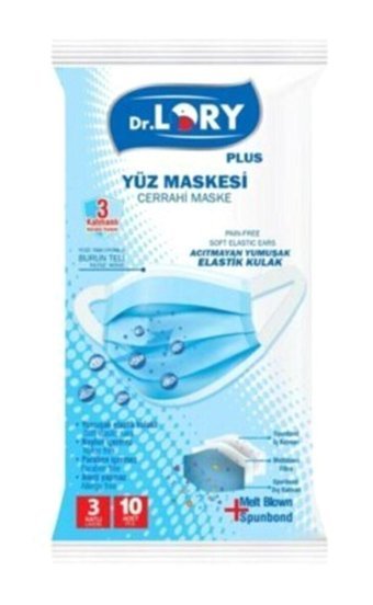 Dr. Lory Tek Kullanımlık 3 Katlı Lastikli Telli 10'lu Yetişkin Cerrahi Maske