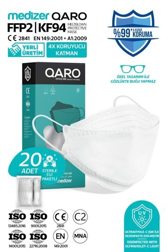 Medizer Kf94 Tek Kullanımlık 4 Katlı Lastikli Telli 20'li Yetişkin Maske Beyaz