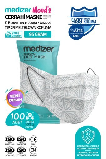 Medizer Tek Kullanımlık 3 Katlı Lastikli Telli 100'lü Yetişkin Ultrasonik Cerrahi Maske Beyaz