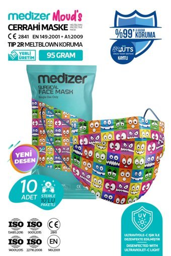 Medizer Tek Kullanımlık 3 Katlı Lastikli Telli 10'lu Yetişkin Ultrasonik Cerrahi Maske Çok Renkli