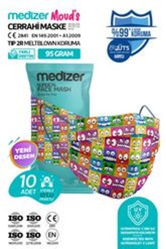 Medizer Tek Kullanımlık 3 Katlı Lastikli Telli 10'lu Yetişkin Ultrasonik Cerrahi Maske Çok Renkli
