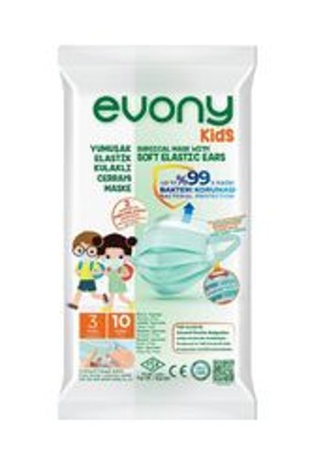 Evony Tek Kullanımlık 3 Katlı Lastikli Telli 100'lü Çocuk Cerrahi Maske Yeşil