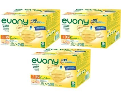 Evony Tek Kullanımlık 3 Katlı Lastikli Telli 150'li Yetişkin Cerrahi Maske Sarı
