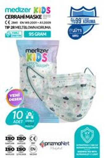 Medizer Tek Kullanımlık 3 Katlı Lastikli Telli 10'lu Çocuk Ultrasonik Cerrahi Maske Yeşil