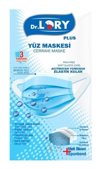 Dr. Lory Tek Kullanımlık 3 Katlı Lastikli Telli 100'lü Yetişkin Maske