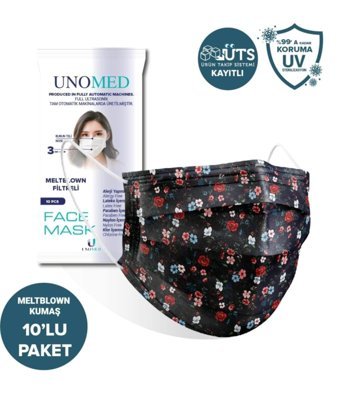 Unomed Tek Kullanımlık 3 Katlı Lastikli Telli 50'li Yetişkin Ultrasonik Cerrahi Maske Siyah