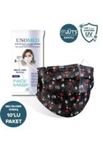 Unomed Tek Kullanımlık 3 Katlı Lastikli Telli 50'li Yetişkin Ultrasonik Cerrahi Maske Siyah