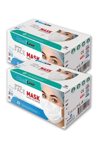 Medilive Tek Kullanımlık 3 Katlı Lastikli Telli 100'lü Yetişkin Ultrasonik Cerrahi Maske Beyaz