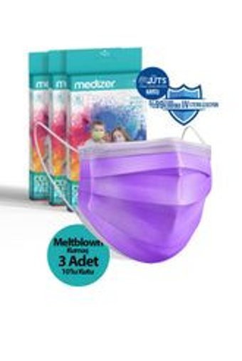 Medizer Tek Kullanımlık 3 Katlı Lastikli Telli 30'lu Yetişkin Ultrasonik Cerrahi Maske Mor