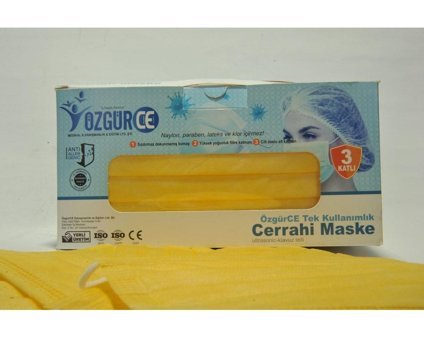 Özgürce Medikal Tek Kullanımlık 3 Katlı Lastikli Telli 100'lü Yetişkin Ultrasonik Cerrahi Maske Sarı