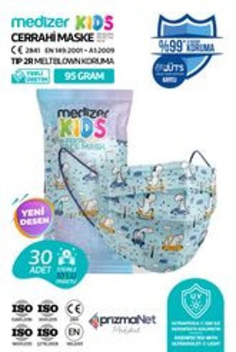 Medizer Tek Kullanımlık 3 Katlı Lastikli Telli 30'lu Çocuk Ultrasonik Cerrahi Maske Çok Renkli