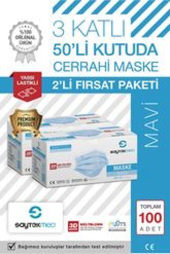 Saytekmed Tek Kullanımlık 3 Katlı Lastikli Telli 150'li Yetişkin Cerrahi Maske Mavi