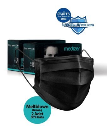 Medizer Tek Kullanımlık 3 Katlı Lastikli Telli 100'lü Yetişkin Ultrasonik Cerrahi Maske Siyah