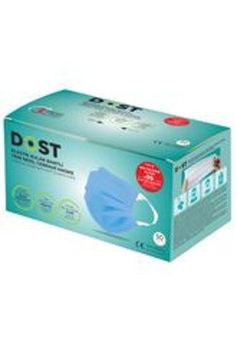 Dost Tek Kullanımlık 3 Katlı Lastikli Telli 50'li Yetişkin Ultrasonik Cerrahi Maske Mavi