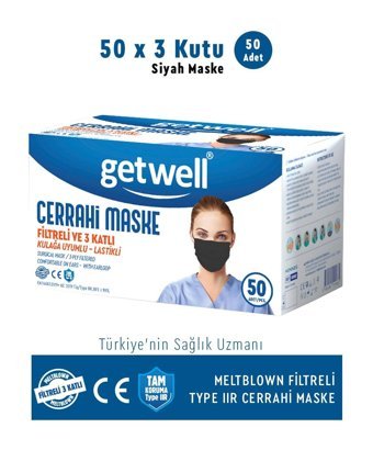 Getwell Tek Kullanımlık 3 Katlı Lastikli Telli 150'li Yetişkin Cerrahi Maske Siyah