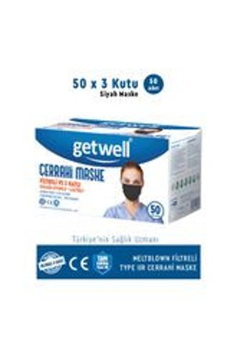 Getwell Tek Kullanımlık 3 Katlı Lastikli Telli 150'li Yetişkin Cerrahi Maske Siyah
