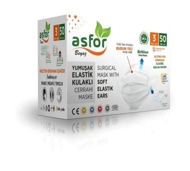 Asfor Tek Kullanımlık 3 Katlı Lastikli Telli 50'li Yetişkin Cerrahi Maske Beyaz