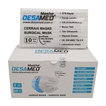 Desamed Tek Kullanımlık 3 Katlı Lastikli Telli 50'li Yetişkin Ultrasonik Maske Beyaz