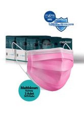 Medizer Tek Kullanımlık 3 Katlı Lastikli Telli 150'li Yetişkin Ultrasonik Maske Pembe