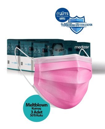 Medizer Tek Kullanımlık 3 Katlı Lastikli Telli 150'li Yetişkin Ultrasonik Maske Pembe