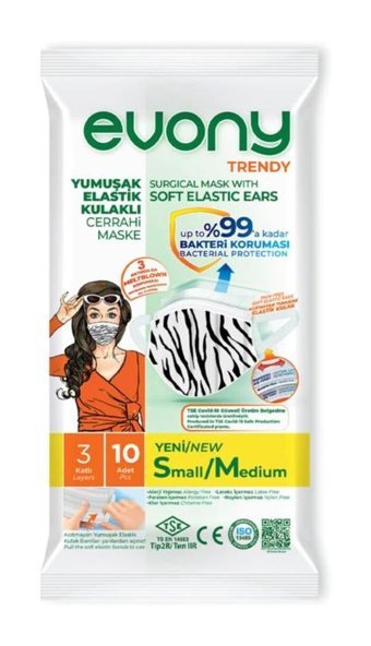 Evony Tek Kullanımlık 3 Katlı Lastikli Telli 50'li Yetişkin Maske Beyaz