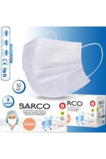 Barco Tek Kullanımlık 3 Katlı Lastikli Telli 50'li Yetişkin Cerrahi Maske Beyaz