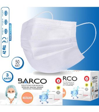 Barco Tek Kullanımlık 3 Katlı Lastikli Telli 50'li Yetişkin Cerrahi Maske Beyaz