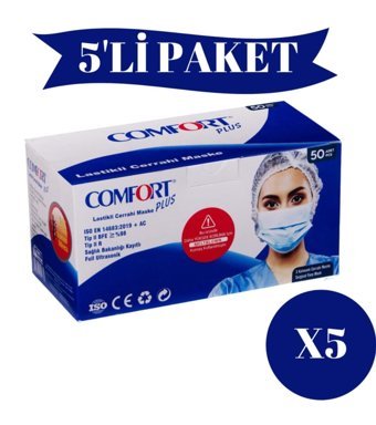 Comfort Plus Tek Kullanımlık 3 Katlı Lastikli Telli 250'li Yetişkin Ultrasonik Cerrahi Maske Beyaz