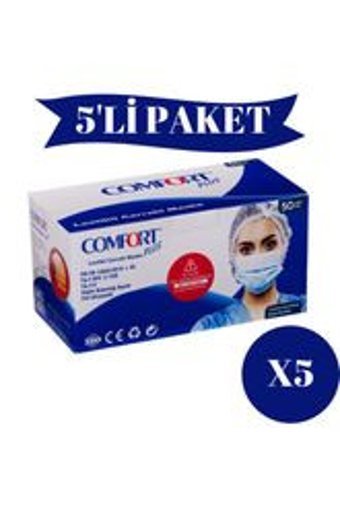 Comfort Plus Tek Kullanımlık 3 Katlı Lastikli Telli 250'li Yetişkin Ultrasonik Cerrahi Maske Beyaz