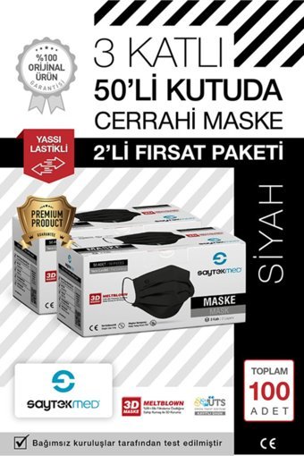 Saytekmed Tek Kullanımlık Lastikli Telli 10'lu Yetişkin Maske Siyah