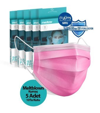Medizer Tek Kullanımlık 3 Katlı Lastikli Telli 50'li Yetişkin Ultrasonik Cerrahi Maske Pembe