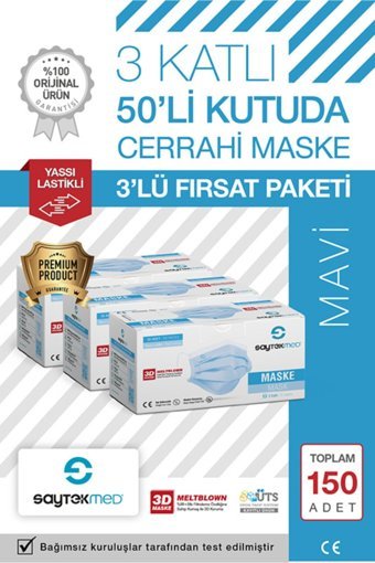 Saytekmed Tek Kullanımlık 3 Katlı Lastikli Telli 150'li Yetişkin Cerrahi Maske Siyah