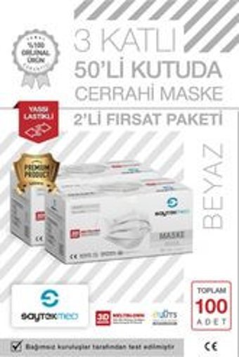 Saytekmed Tek Kullanımlık Lastikli Telli 100'lü Yetişkin Cerrahi Maske Beyaz