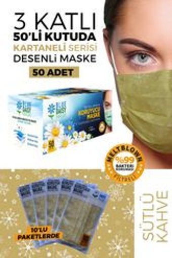 Blue Daisy Mask Tek Kullanımlık 3 Katlı Lastikli Telli 50'li Yetişkin Maske Çok Renkli