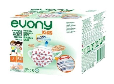 Evony Tek Kullanımlık 3 Katlı Lastikli Telli 50'li Çocuk Cerrahi Maske Beyaz