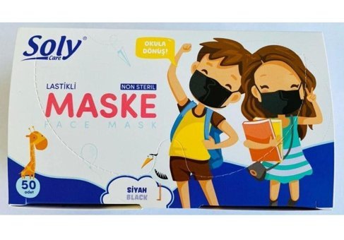 Soly Care Tek Kullanımlık 3 Katlı Lastikli Telli 100'lü Çocuk Maske Siyah