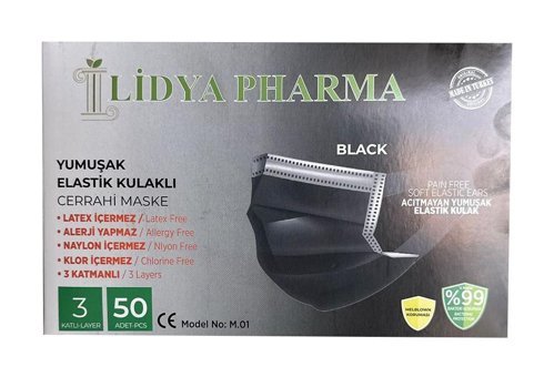 Lidya Tek Kullanımlık 3 Katlı Lastikli Telli 50'li Yetişkin Cerrahi Maske Siyah