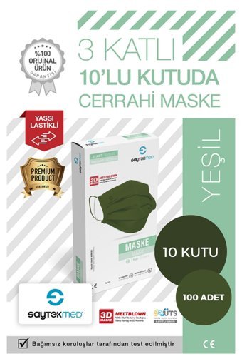 Saytekmed Tek Kullanımlık 3 Katlı Lastikli Telli 100'lü Yetişkin Cerrahi Maske Beyaz