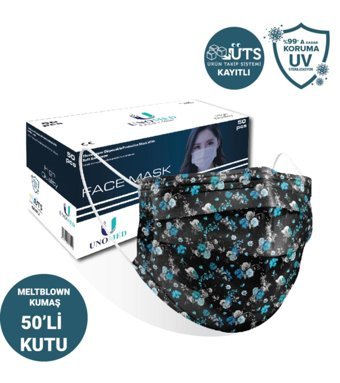 Unomed Tek Kullanımlık 3 Katlı Lastikli Telli 30'lu Yetişkin Ultrasonik Cerrahi Maske Siyah