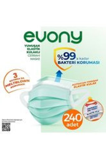 Evony Tek Kullanımlık 3 Katlı Lastikli Telli 240'lı Yetişkin Cerrahi Maske Mavi