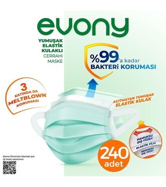 Evony Tek Kullanımlık 3 Katlı Lastikli Telli 240'lı Yetişkin Cerrahi Maske Mavi