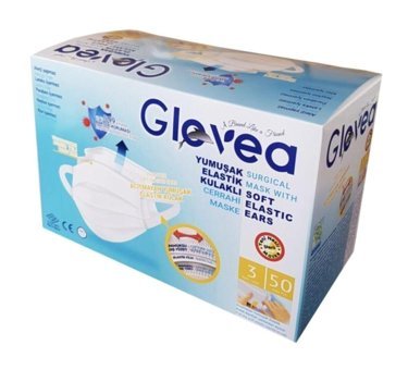 Glovea Tek Kullanımlık 3 Katlı Lastikli Telli 50'li Yetişkin Cerrahi Maske Beyaz