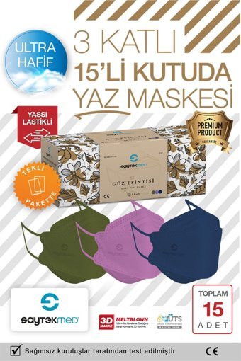 Saytekmed Tek Kullanımlık 3 Katlı Lastikli Telli 15'li Yetişkin Maske Çok Renkli