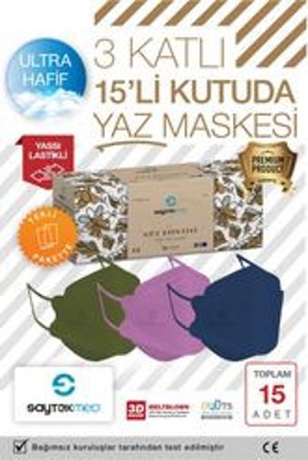 Saytekmed Tek Kullanımlık 3 Katlı Lastikli Telli 15'li Yetişkin Maske Çok Renkli