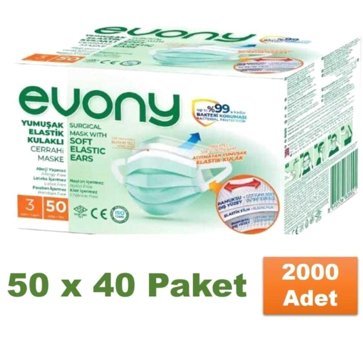 Evony Tek Kullanımlık 3 Katlı Lastikli Telli 2000'li Yetişkin Cerrahi Maske Yeşil