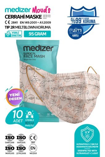 Medizer Tek Kullanımlık 3 Katlı Lastikli Telli 10'lu Yetişkin Ultrasonik Cerrahi Maske Bej