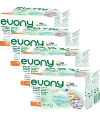 Evony Tek Kullanımlık 3 Katlı Lastikli Telli 200'lü Yetişkin Cerrahi Maske Yeşil