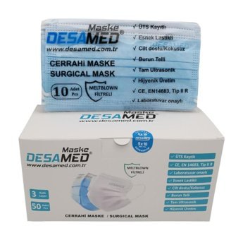 Desamed Tek Kullanımlık 3 Katlı Lastikli Telli 50'li Yetişkin Ultrasonik Maske Mavi