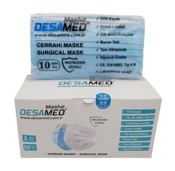 Desamed Tek Kullanımlık 3 Katlı Lastikli Telli 50'li Yetişkin Ultrasonik Maske Mavi